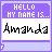 nine identical pixel-art icons with purple borders, each displaying "HELLO MY NAME IS..." above the handwritten name "Amanda" in black text on white background