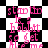 Animated icon with pink text on a black-and-white checkered background, displaying repeated phrases in pixelated font.