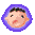 Six pixelated character icons in purple rounded frames on gray background, each with distinct facial features and colors.