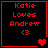 Four red-bordered black squares display "Katie Loves Andrew" text with heart symbols, showing animation changes in heart count and color across frames.