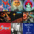 Pixelated grid of six distinct images with varied color palettes and subjects including abstract patterns, a figure with red hair, and a white figure against dark background.