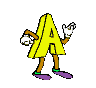 Animated contact sheet of a yellow letter A character with brown limbs and purple shoes performing various poses across 14 frames on gray background.