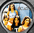 Five circular icons display different people and scenes with a metallic border, including a group of women in yellow outfits under 'M.C.' text.