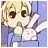 Pixelated anime-style character with blonde hair and large dark eyes, wearing a white shirt and blue jacket, holding a white flower with pink center, pink heart symbol in top-right corner.