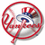 Two side-by-side baseball team logos: a circular red-outlined emblem with 'NY' and a bat on the left, and a white 'NY' with red accents on a dark background on the right.