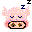 Pixelated pink pig head with closed eyes, two horns, and a black mouth outline; blue 'Z' symbols float above as white feather props move across the frame.