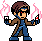 Pixel art character with brown hair and red eyes holds two white torches with red tips, flames flicker in pink and white, brown coat over blue outfit, gray background.