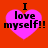 Four identical pixelated pink hearts on a solid red background, each containing black text reading "I love myself!!" with an exclamation mark.