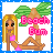 Pixel art of a blonde woman in a pink bikini lying on a beach with palm trees and 'Beach Bum' text.