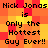 Pixelated text on a red and yellow checkered background repeats 'Nick Jonas is Only the Hottest Guy Ever!!' in two identical vertical