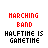 12 pixelated text-based icons showing 'MARCHING BAND' in red above distorted black text reading 'HALFTIME IS GAME TIME', with varying symbols and character errors across frames
