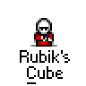 Animated contact sheet of a pixel art character performing Rubik's Cube manipulation with color particle effects across 24 frames on gray background
