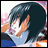 Pixelated anime-style character with dark blue hair and light skin, shown in profile with hand near face against a pink and white background, next to black with white text