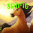 Pixelated image of a brown horse with black mane and tail against warm-toned background, green text 'spirit' overlaid at top.