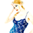 Pixelated static image of a woman with blonde hair wearing a blue dress and holding an object near her face against a white background.