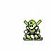 Green pixelated character in multiple poses with circular green aura, some frames showing crossed arms or raised fists on white background.