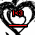 Two heart-shaped black-and-white outlines with red text and symbols inside, one displaying 'I<3' and a horizontal line.