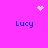 Pixelated icon with bright pink background showing four blue "Lucy" text instances and two white pixel art symbols in corners.