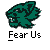 Two identical green cartoon fish icons with white eyes and black outlines displayed on a gray background, each labeled "Fear Us" below the icon, next to promotional text for badassbuddy.com.