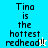 Pixelated text reads "Tina is the hottest redhead!!" on a split background with blue and beige sections, featuring a cursor icon in one frame.