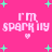 Pixelated pink background with turquoise plus signs and hearts, displaying 'i'm sparkiiy' text in white pixel font across four repeated sections.