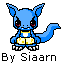 Blue pixelated creature with red eyes and yellow shorts sits with tail curled right, repeating in a with text "By Siaarn" below each