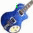 Blue electric guitar with white pickguard and brown neck, displayed in three variations showing different green text overlays.