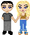 Pixel art of two characters holding hands, with variations in facial expressions and a pink heart symbol appearing near their hands.
