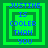 Four green square with blue text "JUSTINE IS COOLER THAN YOU" and nested dark green borders, two showing solid squares in the center while two show empty centers