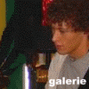 A four- shows a person with curly brown hair in different poses, including close-ups and a full-body shot holding a guitar, all overlaid with 'galerie' text