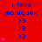 Red background with blue text 'i love moniquek' and three 'x3' lines, pink hearts appear in left then middle then right