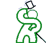Green stick figure with top hat and cane in multiple poses against white and gray backgrounds.