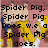 Animated sequence of a cartoon character with yellow hair and blue clothing, showing text overlays about a 'Spider Pig' on a pink background.