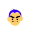 Yellow cartoon head with blue hair and angry expression next to a blue male symbol on gray background.