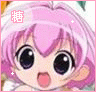 Pink-haired anime-style character with large black eyes and open mouth, wearing white headband with green accent, displaying animated sparkles near cheeks.
