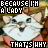 Animated pixel art of a white cat with pink ears and red collar, displaying text overlays in black block letters.