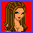 Pixelated image of a woman with long brown hair, black off-shoulder top with red stripes, white shorts, and black pants with red bag, on red background.