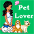 Pixelated image of a woman with long dark hair wearing a white top and blue skirt standing next to three dogs on a green background with "Pet Lover" text.