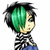 Pixelated chibi-style character with green and black hair, striped shirt, blue pants; side profile facing right on white background.