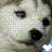 A pixelated close-up of a dog's face with black eyes and nose, showing two variations: one with a white heart below the mouth and another with a pink heart.