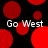 Red circular shapes on black background with repeated 'Go West' text in white pixelated font.