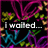 Pixelated animation with neon pink, blue, and green abstract patterns on black background displaying sequential text fragments.