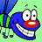 Pixelated cartoon bee with blue body, green striped abdomen, red mouth, and wide eyes on light green background.