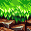 Pixelated green foliage with white highlights above brown and dark brown ground tiles.
