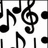 Black musical notes and treble clefs on white background with partial text "Music Is" visible in upper right.