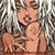 Static 50x50 pixel icon showing a cartoon-style woman with light skin, brown hair styled in an updo, wearing a sleeveless top and holding her hand near her face against a blurred background of vertical lines.