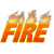 Animated orange 'FIRE' text with flame effects above each letter, displayed in a