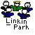 Pixel art of three cartoon figures with white faces and black outlines, wearing blue pants and green jacket, standing above 'Linkin Park' text on gray background.