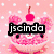 A pink polka-dot background with a cupcake icon featuring a cherry on top and the text 'jscinda' overlaid.