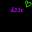 A black background displays two identical purple pixelated text strings and a green pixelated heart symbol above them.